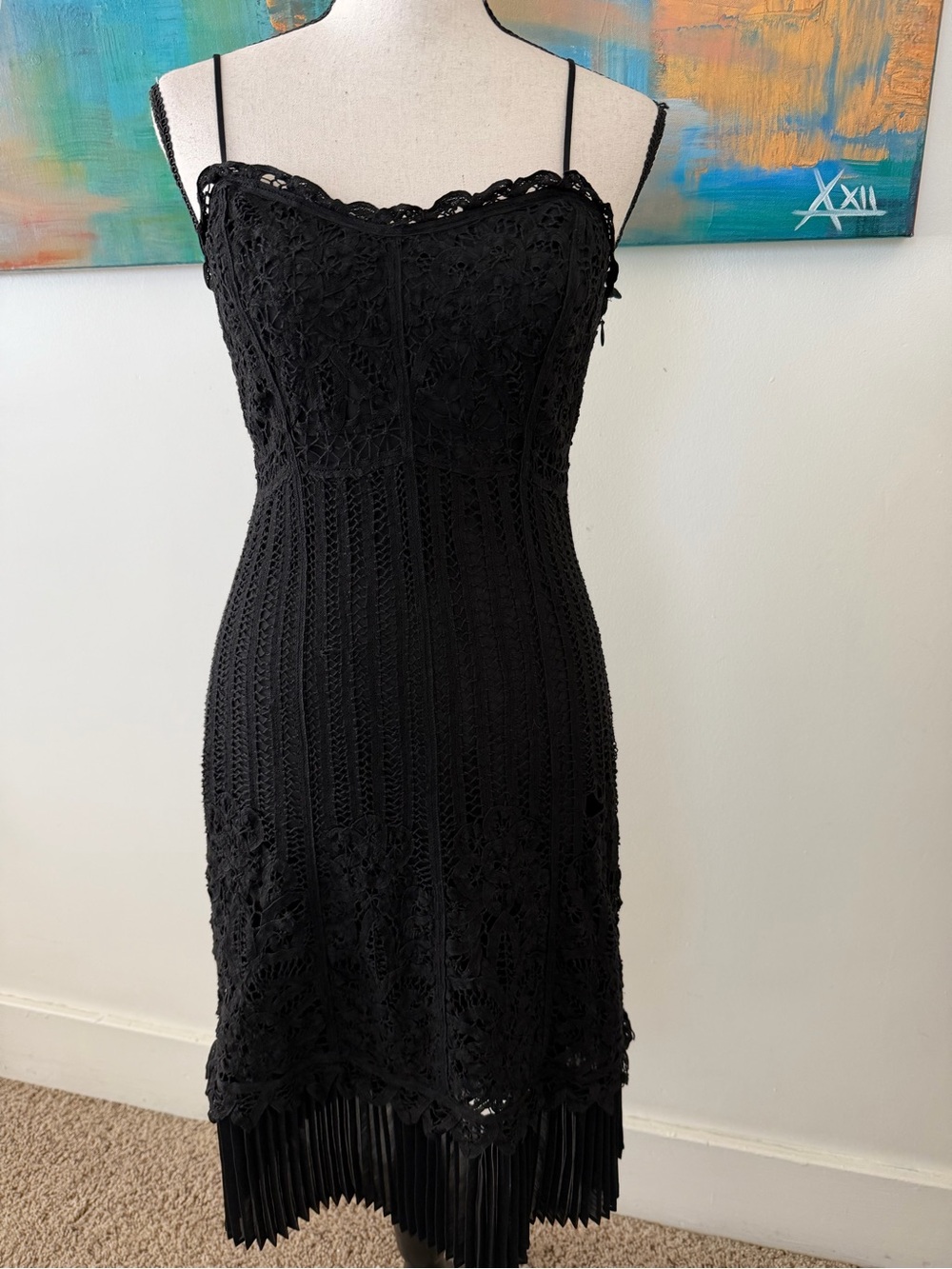 Vintage Betsy Johnson 90s/Y2K Black Cotton Crotchet Midi Pleated Hem Sz 2